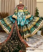 Long Afghan dress in green Banaras with rich Charmadozi, Sekeh-dozi and Mor-dozi, matching shal, crepe shalwar, free size (EU 36–42).