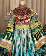 Long Afghan dress in green Banaras with rich Charmadozi, Sekeh-dozi and Mor-dozi, matching shal, crepe shalwar, free size (EU 36–42).