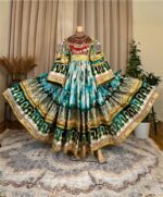 Long Afghan dress in green Banaras with rich Charmadozi, Sekeh-dozi and Mor-dozi, matching shal, crepe shalwar, free size (EU 36–42).