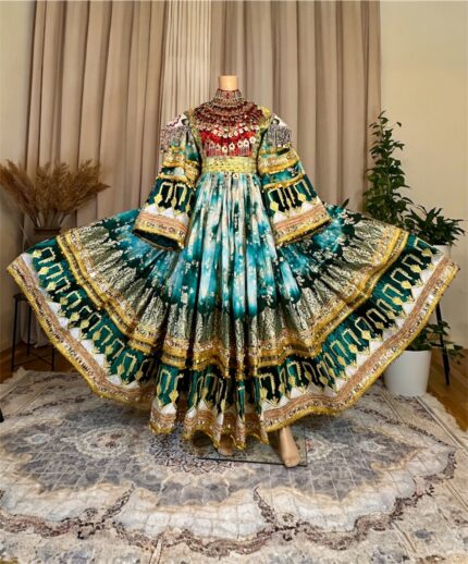 Long Afghan dress in green Banaras with rich Charmadozi, Sekeh-dozi and Mor-dozi, matching shal, crepe shalwar, free size (EU 36–42).