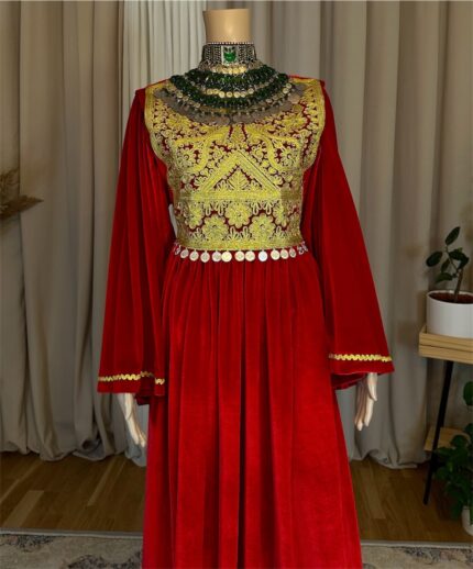 Long Afghan dress made of stretchy Sorkh Makhmal with chest Charmadozi and Sekeh-dozi, waist-fitted belt, free size (EU 36–42).
