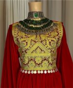 Long Afghan dress made of stretchy Sorkh Makhmal with chest Charmadozi and Sekeh-dozi, waist-fitted belt, free size (EU 36–42).