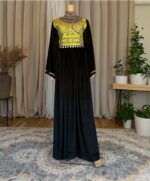 Long Afghan dress in black stretchy Makhmal with Charmadozi and Sekeh-dozi, black Gaj shal and black crepe shalwar, free size (EU 36–42).