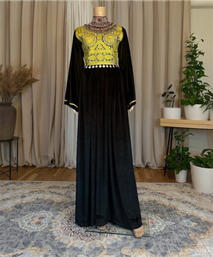 Long Afghan dress in black stretchy Makhmal with Charmadozi and Sekeh-dozi, black Gaj shal and black crepe shalwar, free size (EU 36–42).