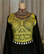 Long Afghan dress in black stretchy Makhmal with Charmadozi and Sekeh-dozi, black Gaj shal and black crepe shalwar, free size (EU 36–42).