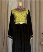 Long Afghan dress in black stretchy Makhmal with Charmadozi and Sekeh-dozi, black Gaj shal and black crepe shalwar, free size (EU 36–42).
