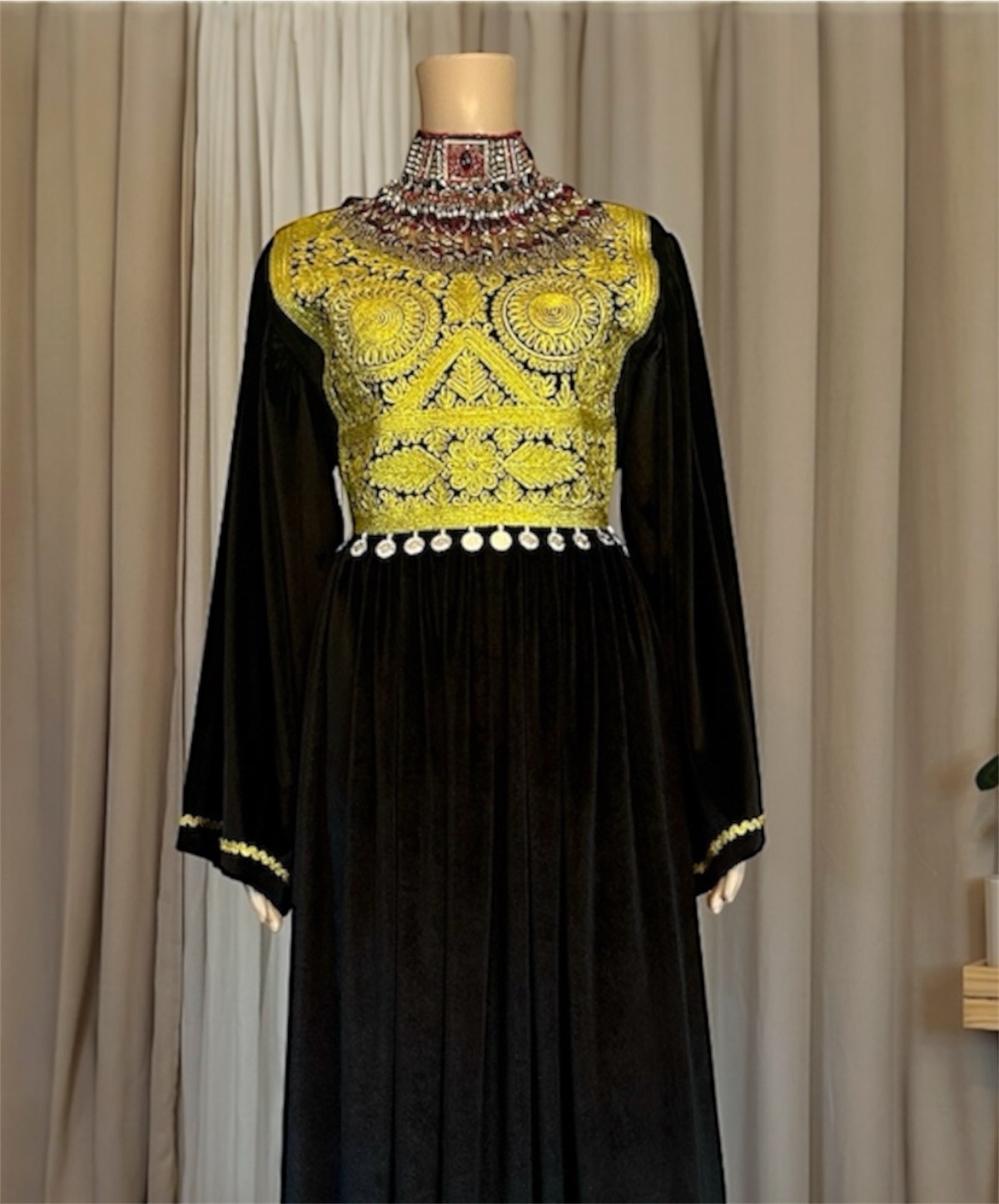 Photoroom_20260127_224231 Long Afghan dress in black stretchy Makhmal with Charmadozi and Sekeh-dozi, black Gaj shal and black crepe shalwar, free size (EU 36–42).