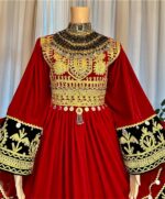 Afghan traditional dress in Sorkh Makhmal with chest Charmadozi and Sekeh-dozi, finished with Siah Geybi shalwar and Siah Gaj shal, free size (EU 36–42).