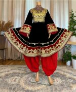 Afghan traditional dress made of black Makhmal with chest Charmadozi and Sekeh-dozi,paired with Sorkh Geybi shalwar and Sorkh Gaj shal, free size (EU 36–42).