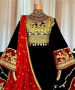 Afghan traditional dress made of black Makhmal with chest Charmadozi and Sekeh-dozi,paired with Sorkh Geybi shalwar and Sorkh Gaj shal, free size (EU 36–42).