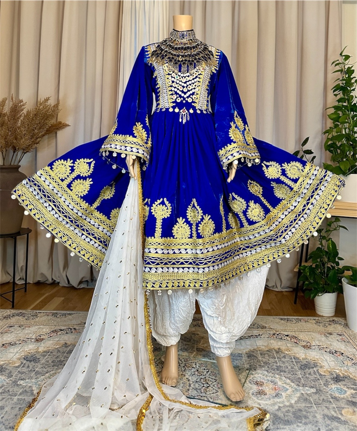 Photoroom_20260127_224907 Blue velvet Afghan traditional dress with trim embroidery and coin detailing, free size (EU 36–42).