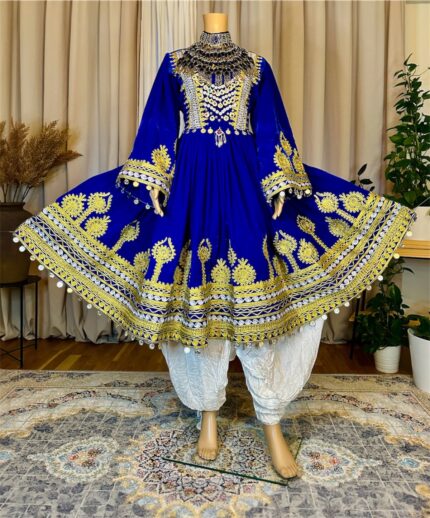 Blue velvet Afghan traditional dress with trim embroidery and coin detailing, free size (EU 36–42).