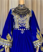 Blue velvet Afghan traditional dress with trim embroidery and coin detailing, free size (EU 36–42).