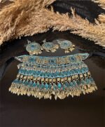 Traditional Afghan decorative jewelry set with turquoise blue stones, intricate craftsmanship, perfect for Gand Afghan dresses and celebrations.
