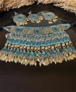 Traditional Afghan decorative jewelry set with turquoise blue stones, intricate craftsmanship, perfect for Gand Afghan dresses and celebrations.