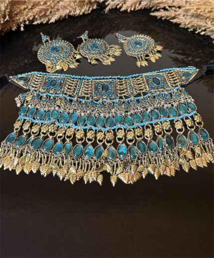 Traditional Afghan decorative jewelry set with turquoise blue stones, intricate craftsmanship, perfect for Gand Afghan dresses and celebrations.