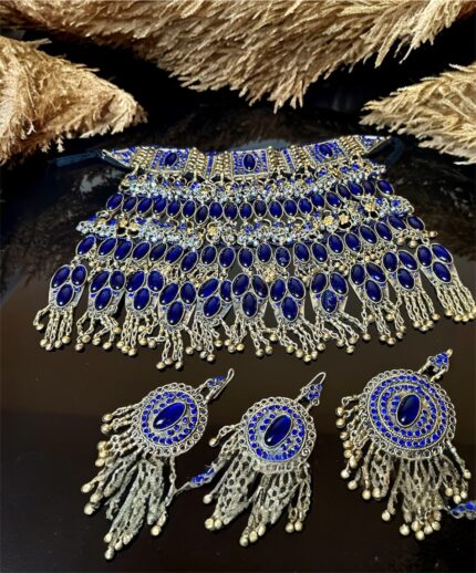 Traditional Afghan decorative jewelry set with deep blue Lajvard stones, rich detailing, perfect for Gand Afghan dresses and festive occasions.