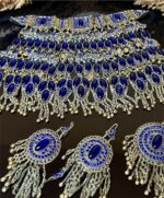Traditional Afghan decorative jewelry set with deep blue Lajvard stones, rich detailing, perfect for Gand Afghan dresses and festive occasions.