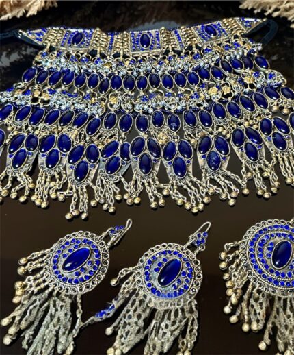 Traditional Afghan decorative jewelry set with deep blue Lajvard stones, rich detailing, perfect for Gand Afghan dresses and festive occasions.