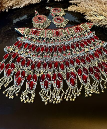 Traditional Afghan decorative jewelry set with deep red Yaqut stones, rich detailing, ideal for Gand Afghan dresses and festive events.