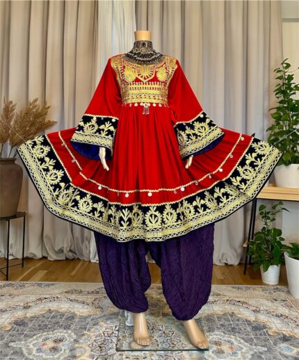 Afghan dress made of Sorkh Makhmal,Charmadozi & Sekeh-dozi on chest, sleeves and hem, paired with purple gaj shal and purple geybi shalwar, free size(EU 36–42)