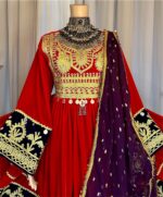 Afghan dress made of Sorkh Makhmal,Charmadozi & Sekeh-dozi on chest, sleeves and hem, paired with purple gaj shal and purple geybi shalwar, free size(EU 36–42)