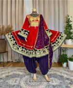 Afghan traditional dress made of Sorkh Makhmal, featuring Charmadozi & Sekeh-dozi on chest, sleeves and hem, paired with purple gaj shal and purple geybi shalwar, free size (EU 36–42).