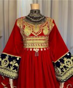 Afghan dress made of Sorkh Makhmal,Charmadozi & Sekeh-dozi on chest, sleeves and hem, paired with purple gaj shal and purple geybi shalwar, free size(EU 36–42)