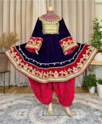 Afghan traditional dress in Banafsh Makhmal with chest Charmadozi and Sekeh-dozi, paired with Pink Gaj shal and Pink Geybi shalwar, free size (EU 36–42).