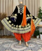 Afghan dress in dark purple Makhmal with chest, sleeve and hem Charmadozi & Sekeh-dozi,paired with orange gaj shal and orange geybi shalwar,free size(EU 36-42)