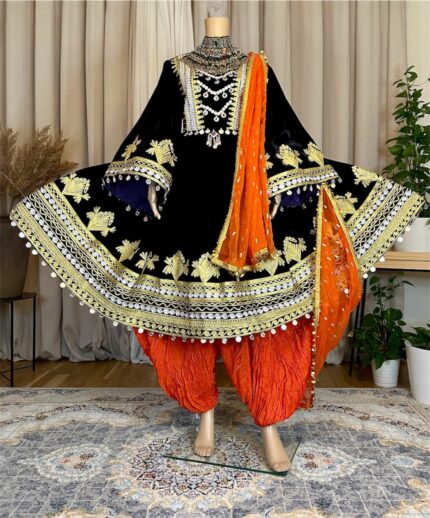 Afghan dress in dark purple Makhmal with chest, sleeve and hem Charmadozi & Sekeh-dozi,paired with orange gaj shal and orange geybi shalwar,free size(EU 36-42)