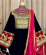 Afghan traditional dress in Banafsh Makhmal with chest Charmadozi and Sekeh-dozi, paired with Pink Gaj shal and Pink Geybi shalwar, free size (EU 36–42).