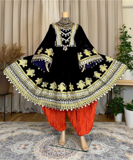 Afghan dress in dark purple Makhmal with chest, sleeve and hem Charmadozi & Sekeh-dozi,paired with orange gaj shal and orange geybi shalwar,free size(EU 36-42)