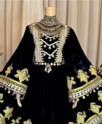 Afghan dress in dark purple Makhmal with chest, sleeve and hem Charmadozi & Sekeh-dozi,paired with orange gaj shal and orange geybi shalwar,free size(EU 36-42)