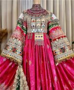 Long Golabi dress with Sekka-dozi and Charmadozi on chest, skirt,and sleeves, Morra-dozi,green Indian shal and Golabi crepe shalwar.Free size(EU 36–42), 145 cm.