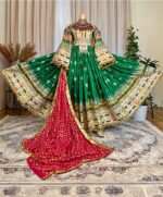 Luxury light green dress with rich neckline detailing, charmadozi, sekedoozi and beadwork, Indian shawl, green pants, free size (EU 36–42) with adjustable waist chain.