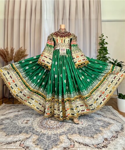 Luxury light green dress with rich neckline detailing, charmadozi, sekedoozi and, Indian shawl, green pants, free size (EU 36–42) with adjustable waist chain.