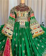 Luxury light green dress with rich neckline detailing, charmadozi, sekedoozi and, Indian shawl, green pants, free size (EU 36–42) with adjustable waist chain.