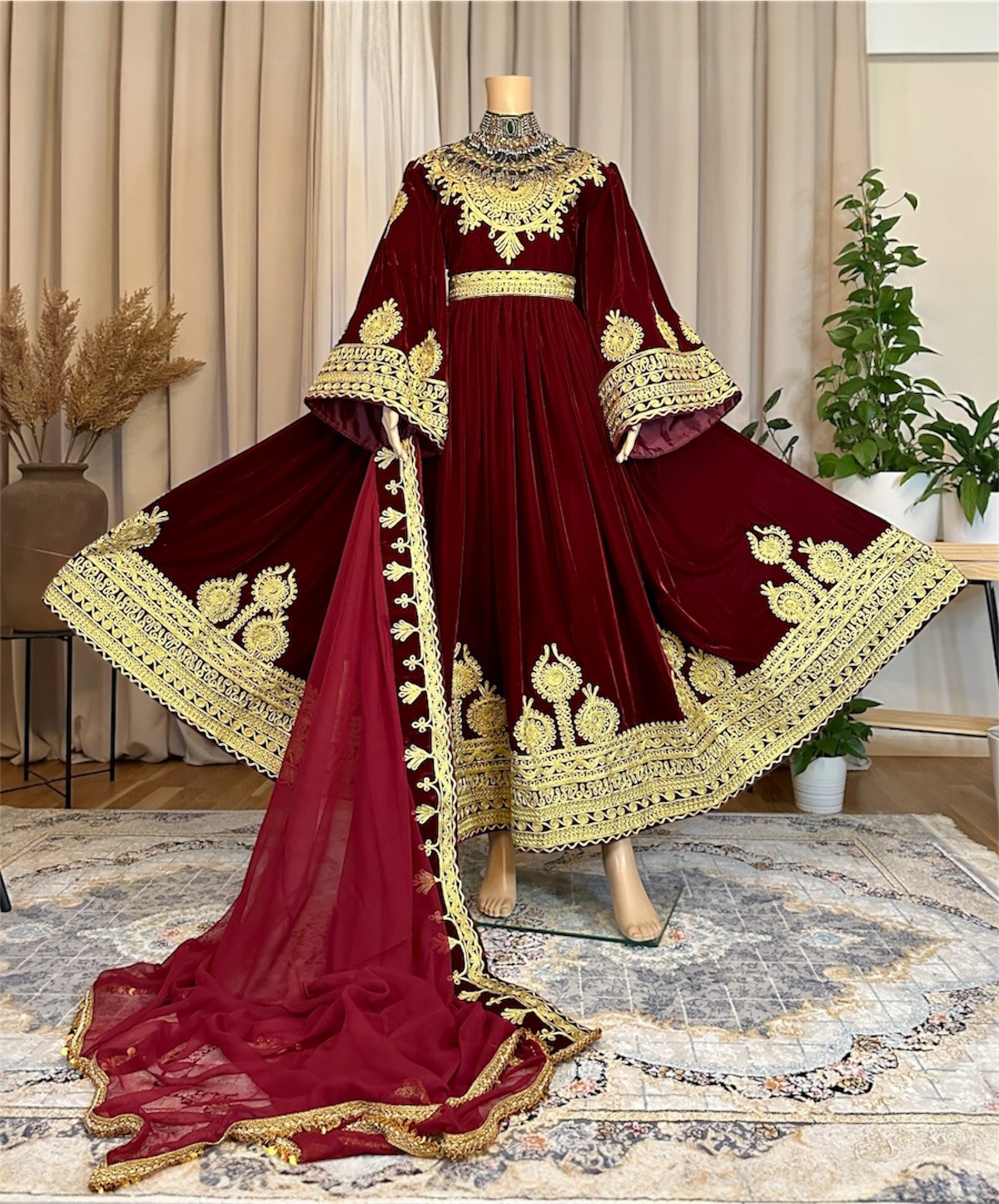 Photoroom_20260205_210012 Long maroon (burgundy) Makhmal dress with refined leatherwork on neckline, hem, and sleeves, paired with maroon gaj shal and maroon crepe pants. Adjustable waist belt. Free size (EU 36–42).