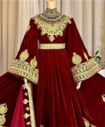 Long maroon Makhmal dress with refined leatherwork on neckline, hem, and sleeves, paired with maroon gaj shal and maroon crepe pants. Free size (EU 36–42).