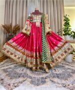 Long Golabi dress with Sekka-dozi and Charmadozi on chest, skirt,and sleeves, Morra-dozi,green Indian shal and Golabi crepe shalwar.Free size(EU 36–42), 145 cm.